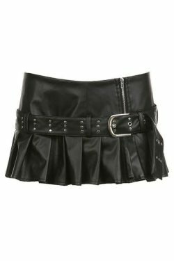 Gothic Punk Rivet Belted Leather Mini Skirt with Pleated Slit