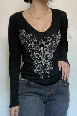 Gothic Rhinestone Print V-Neck Long Sleeve Tee - Y2K Fashion Aesthetic Top