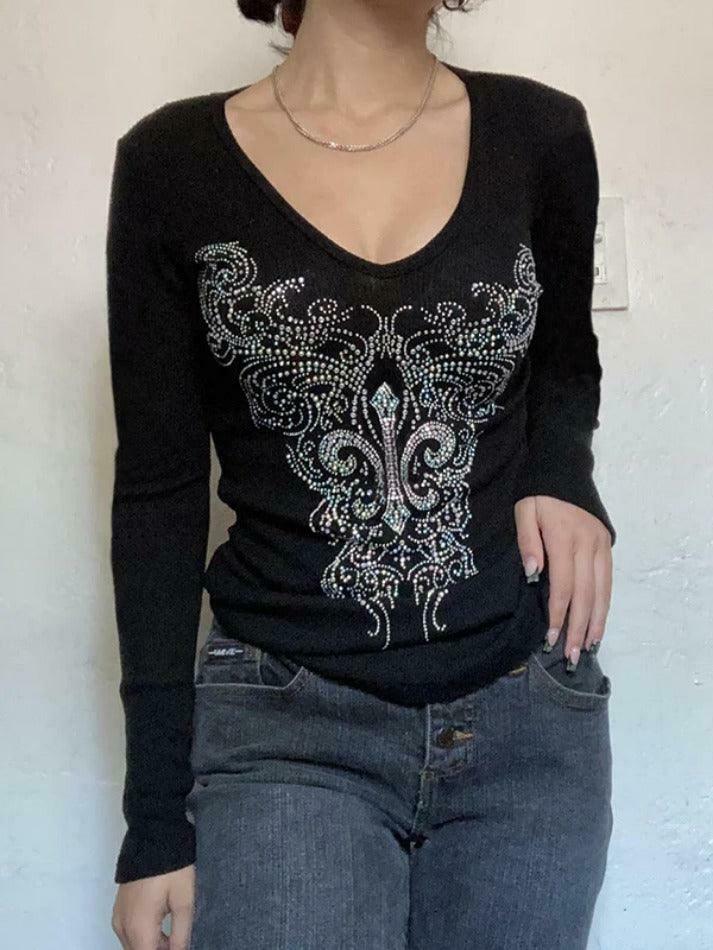 Gothic Rhinestone Print V-Neck Long Sleeve Tee - Y2K Fashion Aesthetic Top