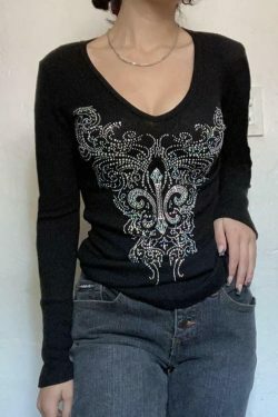 Gothic Rhinestone Print V-Neck Long Sleeve Tee - Y2K Fashion Aesthetic Top