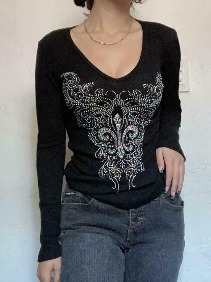 Gothic Rhinestone Print V-Neck Long Sleeve Tee - Y2K Fashion Aesthetic Top