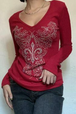 Gothic Rhinestone Print V-Neck Long Sleeve Tee - Y2K Fashion Aesthetic Top