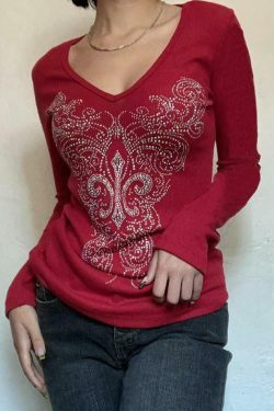 Gothic Rhinestone Print V-Neck Long Sleeve Tee - Y2K Fashion Aesthetic Top