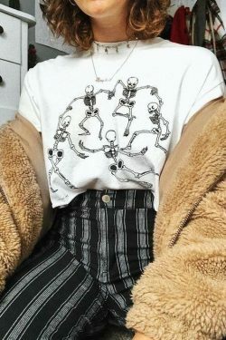 Gothic Skeleton Dance Tee: Y2K Aesthetic Grunge Style Shirt for Women - Coquette Fashion Statement