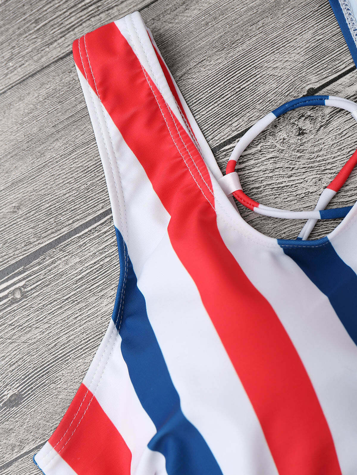 Gothic Striped Lattice Cami Swimsuit in Y2K Fashion Aesthetic for Women