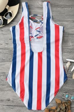 Gothic Striped Lattice Cami Swimsuit in Y2K Fashion Aesthetic for Women