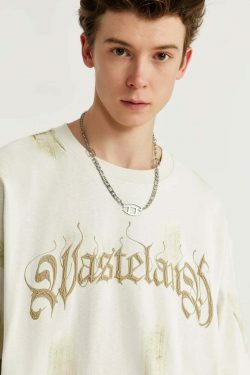 Gothic Text Embroidered T-Shirt for Y2K Fashion Enthusiasts