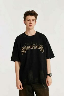 Gothic Text Embroidered T-Shirt for Y2K Fashion Enthusiasts