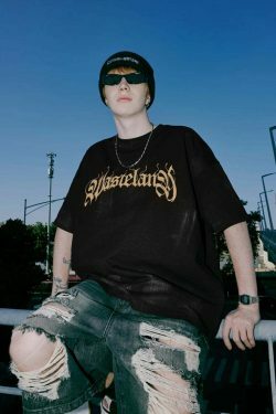 Gothic Text Embroidered T-Shirt for Y2K Fashion Enthusiasts
