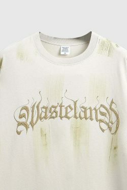 Gothic Text Embroidered T-Shirt for Y2K Fashion Enthusiasts