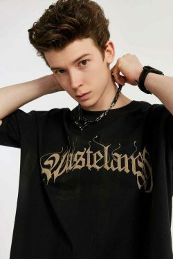 Gothic Text Embroidered T-Shirt for Y2K Fashion Enthusiasts