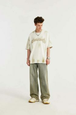 Gothic Text Embroidered T-Shirt for Y2K Fashion Enthusiasts