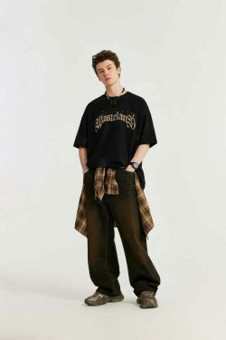 Gothic Text Embroidered T-Shirt for Y2K Fashion Enthusiasts