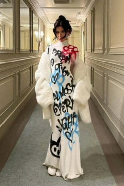 Graffiti Long Sleeve Maxi Dress: Coquette Aesthetic Cover-Up for Women's Y2K Fashion