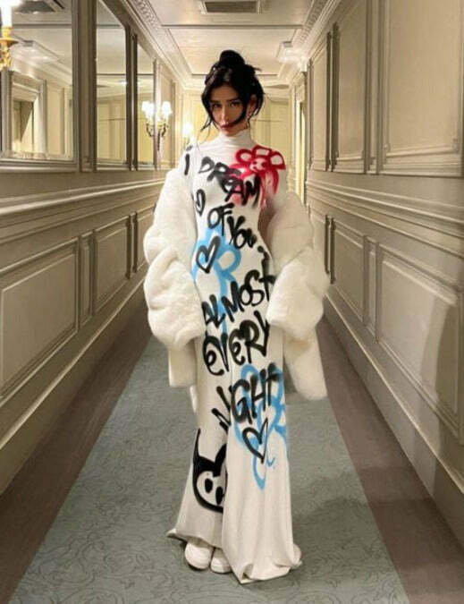 Graffiti Long Sleeve Maxi Dress: Coquette Aesthetic Cover-Up for Women's Y2K Fashion Graffiti Long Sleeve Maxi Dress: Coquette Aesthetic Cover-Up for Women's Y2K Fashion