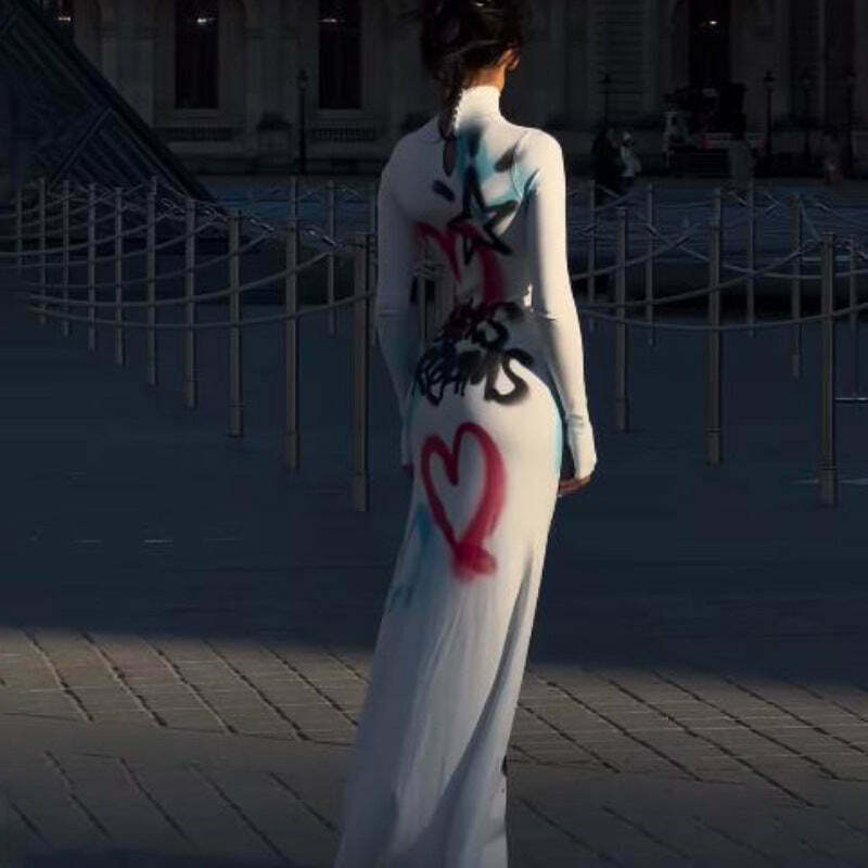 Graffiti Long Sleeve Maxi Dress: Coquette Aesthetic Cover-Up for Women's Y2K Fashion Graffiti Long Sleeve Maxi Dress: Coquette Aesthetic Cover-Up for Women's Y2K Fashion