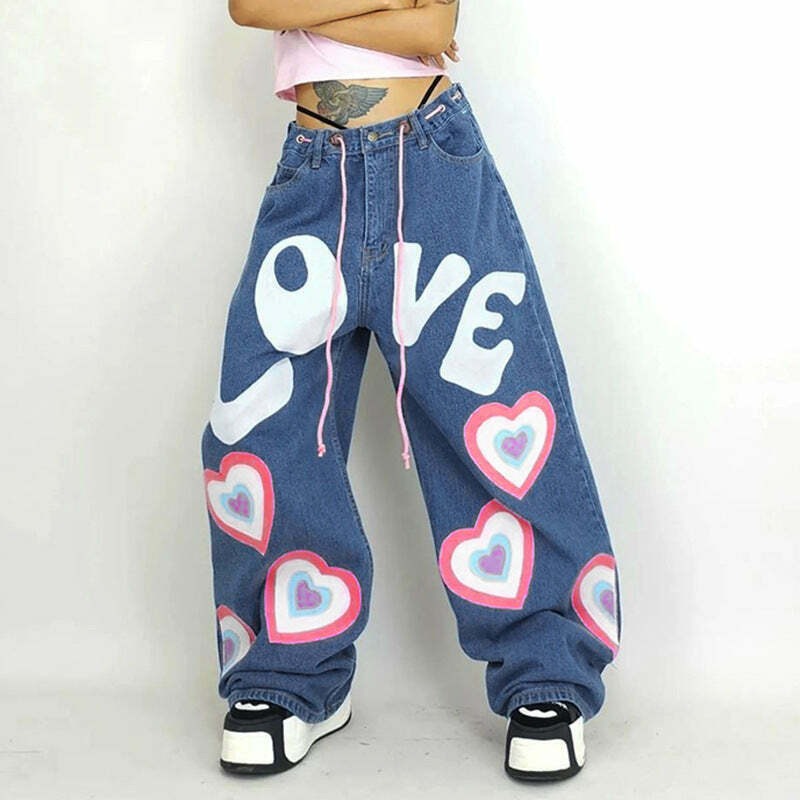 Graffiti Printed Wide-Leg Jeans - Y2K Fashion Statement with Coquette & Grunge Aesthetic Graffiti Printed Wide-Leg Jeans - Y2K Fashion Statement with Coquette & Grunge Aesthetic