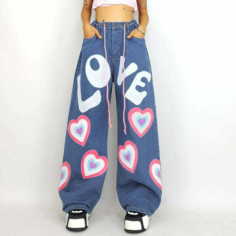 Graffiti Printed Wide-Leg Jeans - Y2K Fashion Statement with Coquette & Grunge Aesthetic Graffiti Printed Wide-Leg Jeans - Y2K Fashion Statement with Coquette & Grunge Aesthetic