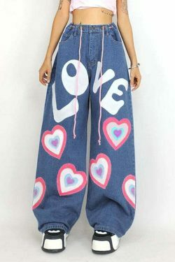 Graffiti Printed Wide-Leg Jeans - Y2K Fashion Statement with Coquette & Grunge Aesthetic