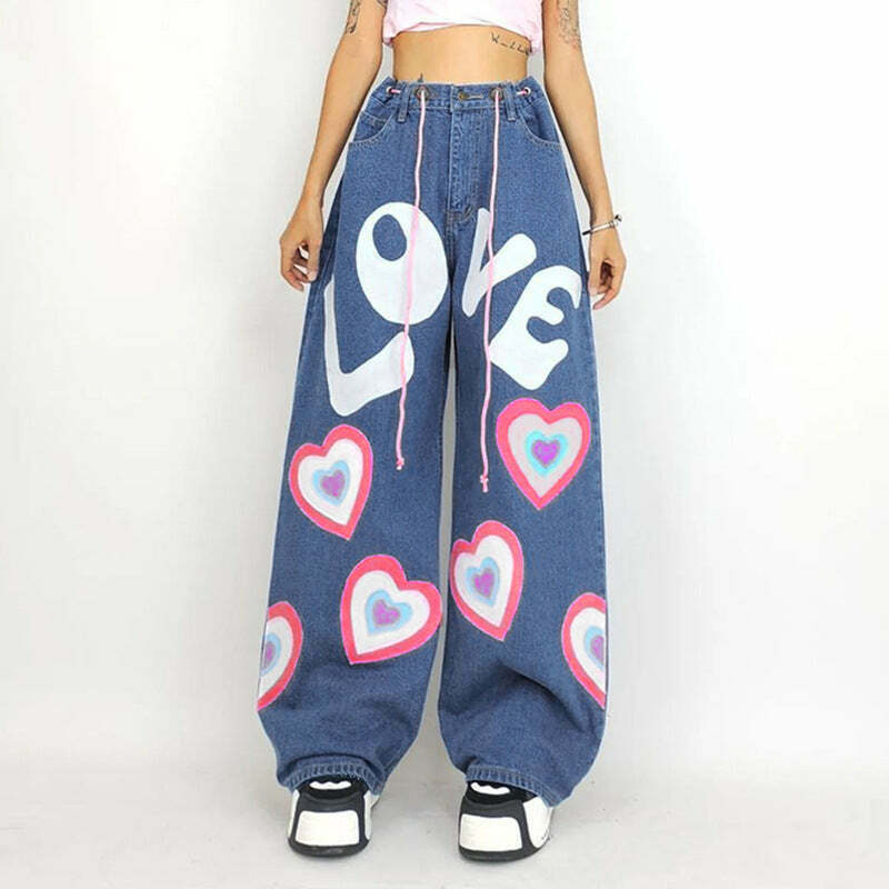 Graffiti Printed Wide-Leg Jeans - Y2K Fashion Statement with Coquette & Grunge Aesthetic Graffiti Printed Wide-Leg Jeans - Y2K Fashion Statement with Coquette & Grunge Aesthetic