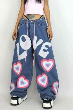 Graffiti Printed Wide-Leg Jeans - Y2K Fashion Statement with Coquette & Grunge Aesthetic