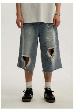 Graffiti Ripped Calf-Length Y2K Fashion Denim Shorts