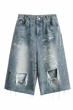 Graffiti Ripped Calf-Length Y2K Fashion Denim Shorts