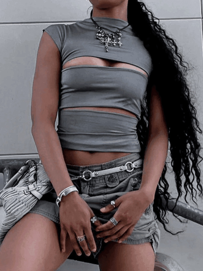 Gray Cutout Short Sleeve Tee - Y2K Fashion Coquette Aesthetic Grunge Style Cute Tops Pastel Goth