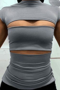 Gray Cutout Short Sleeve Tee - Y2K Fashion Coquette Aesthetic Grunge Style Cute Tops Pastel Goth