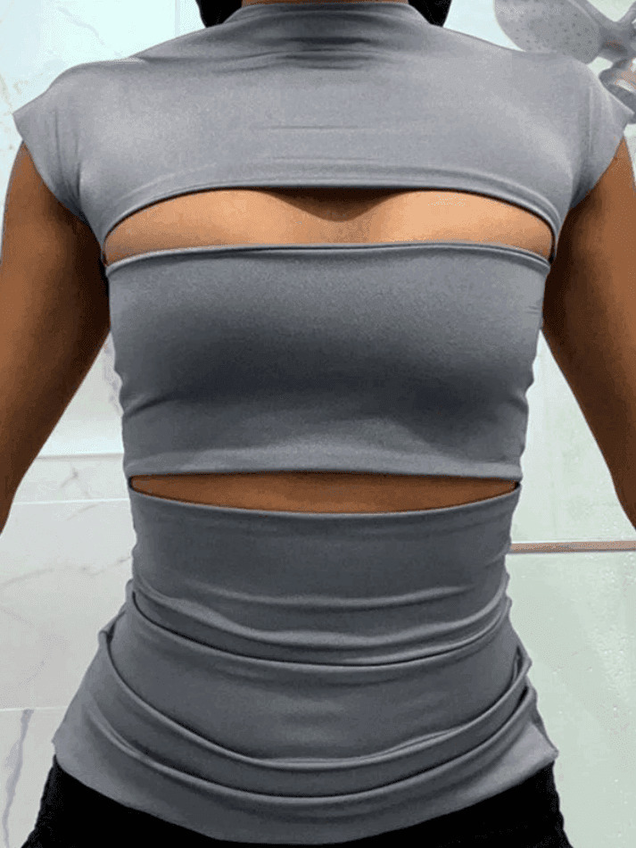 Gray Cutout Short Sleeve Tee - Y2K Fashion Coquette Aesthetic Grunge Style Cute Tops Pastel Goth