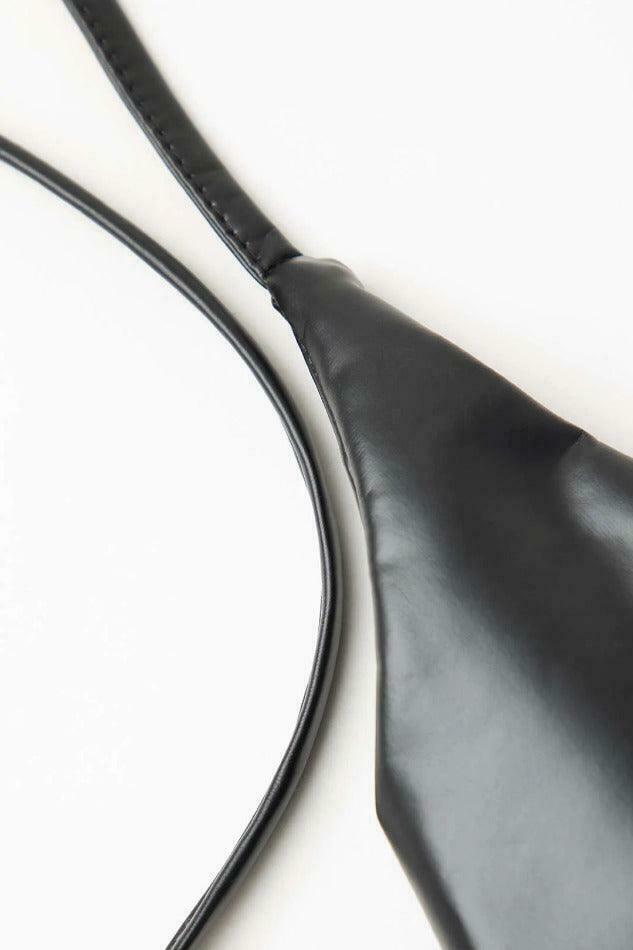 Grunge Aesthetic Faux Leather Halter Top with Coquette Style - Y2K Fashion Statement