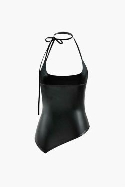 Grunge Aesthetic Faux Leather Halter Top with Coquette Style - Y2K Fashion Statement