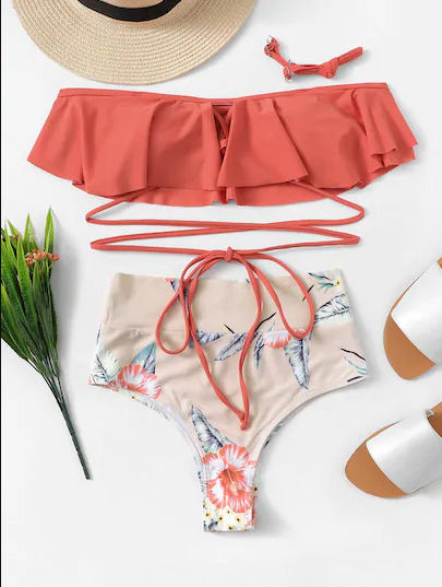 Grunge Aesthetic Flounce Off-The-Shoulder Bikini Set with Y2K Fashion Vibe Grunge Aesthetic Flounce Off-The-Shoulder Bikini Set with Y2K Fashion Vibe