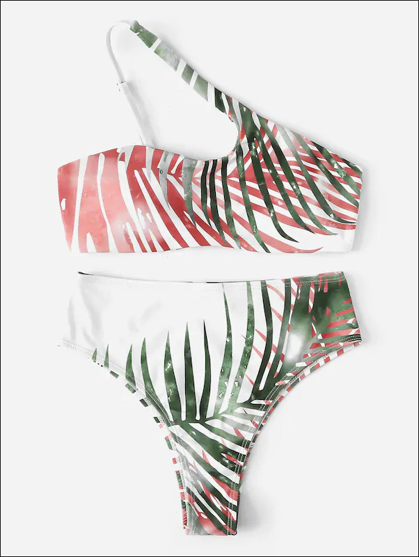 Grunge Aesthetic One Shoulder Leaf Print Bikini Grunge Aesthetic One Shoulder Leaf Print Bikini