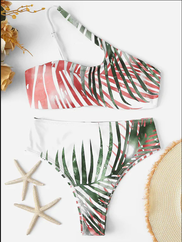 Grunge Aesthetic One Shoulder Leaf Print Bikini Grunge Aesthetic One Shoulder Leaf Print Bikini