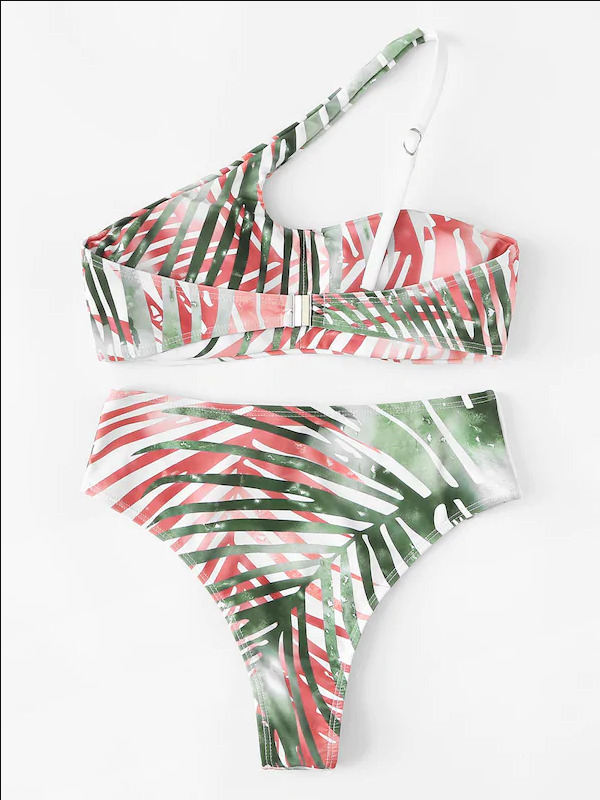 Grunge Aesthetic One Shoulder Leaf Print Bikini Grunge Aesthetic One Shoulder Leaf Print Bikini