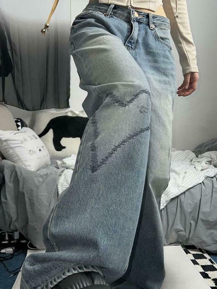 Heart Embroidered Wide-Leg Jeans: Y2K Fashion with a Coquette Aesthetic Heart Embroidered Wide-Leg Jeans: Y2K Fashion with a Coquette Aesthetic