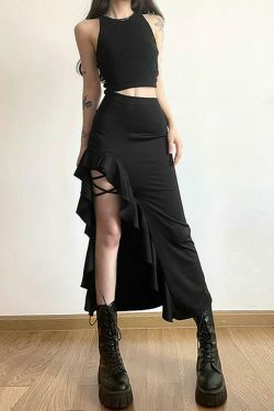 High Waist Irregular Split Goth Skirt - Y2K Fashion Statement Piece for Edgy Style Enthusiasts