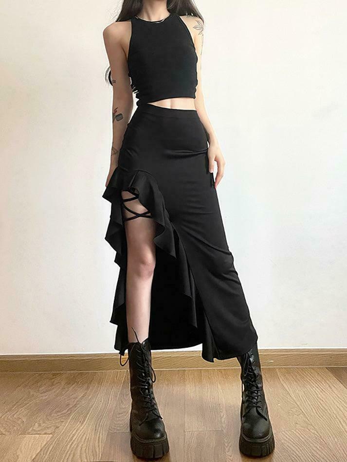 High Waist Irregular Split Goth Skirt - Y2K Fashion Statement Piece for Edgy Style Enthusiasts