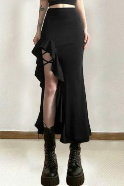 High Waist Irregular Split Goth Skirt - Y2K Fashion Statement Piece for Edgy Style Enthusiasts
