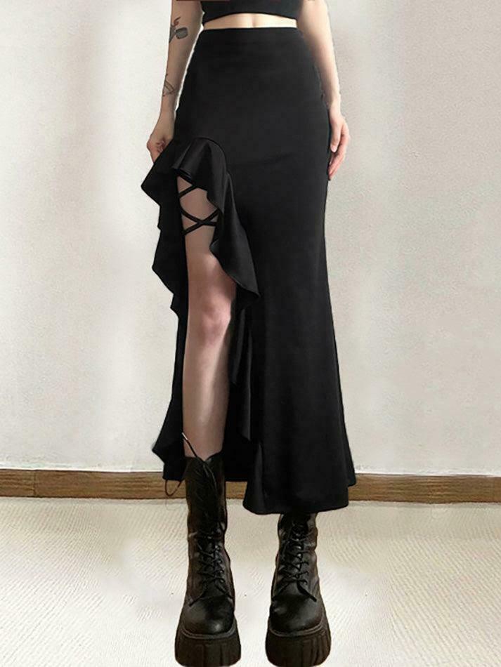 High Waist Irregular Split Goth Skirt - Y2K Fashion Statement Piece for Edgy Style Enthusiasts