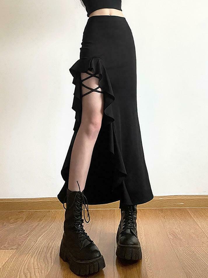 High Waist Irregular Split Goth Skirt - Y2K Fashion Statement Piece for Edgy Style Enthusiasts