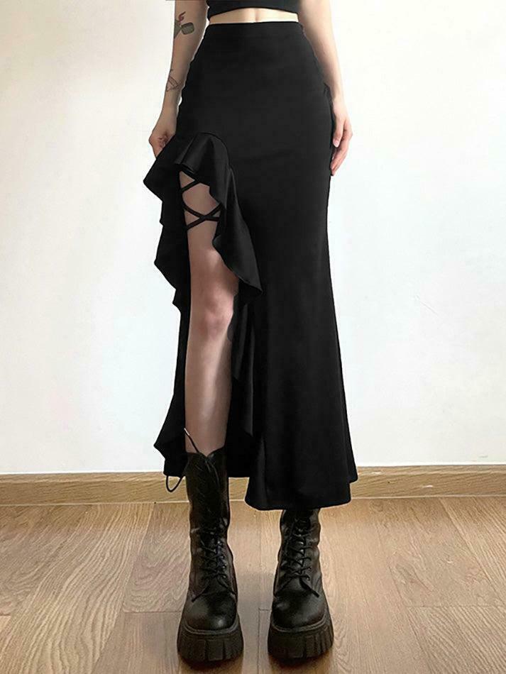 High Waist Irregular Split Goth Skirt - Y2K Fashion Statement Piece for Edgy Style Enthusiasts