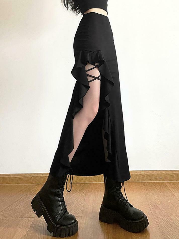 High Waist Irregular Split Goth Skirt - Y2K Fashion Statement Piece for Edgy Style Enthusiasts