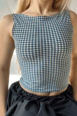 Houndstooth Print Bow Slim Tank Top - Y2K Fashion Coquette Aesthetic Grunge Style Cute Tops