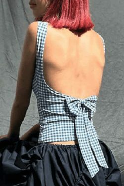 Houndstooth Print Bow Slim Tank Top - Y2K Fashion Coquette Aesthetic Grunge Style Cute Tops