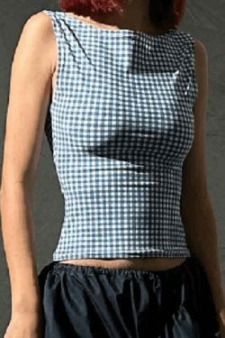 Houndstooth Print Bow Slim Tank Top - Y2K Fashion Coquette Aesthetic Grunge Style Cute Tops