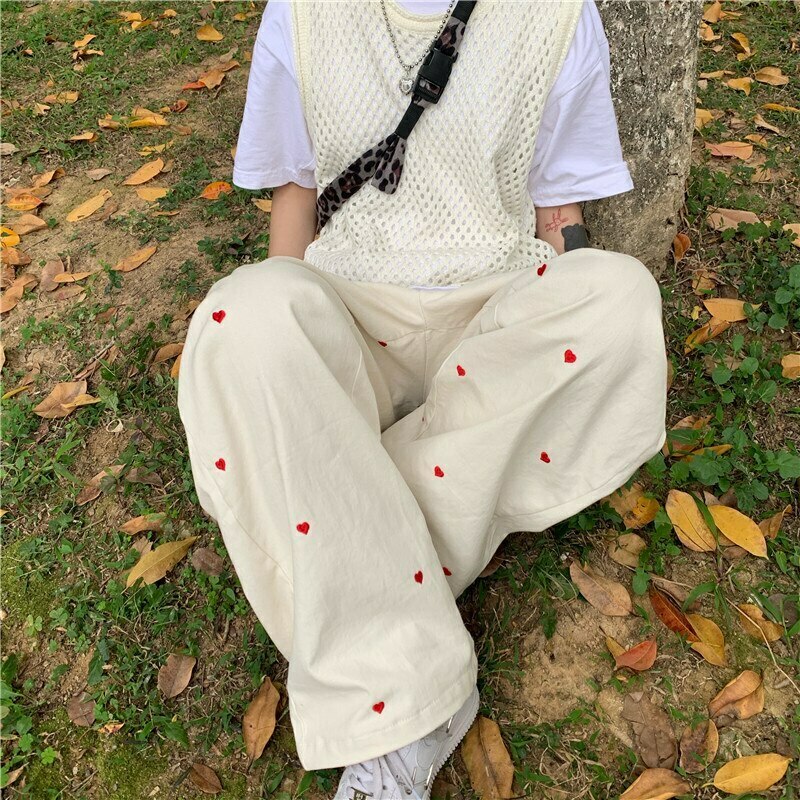 Indie Aesthetic Heart Pattern Wide Leg Pants - Y2K Fashion Grunge Style Cute Tops Cargo Indie Aesthetic Heart Pattern Wide Leg Pants - Y2K Fashion Grunge Style Cute Tops Cargo