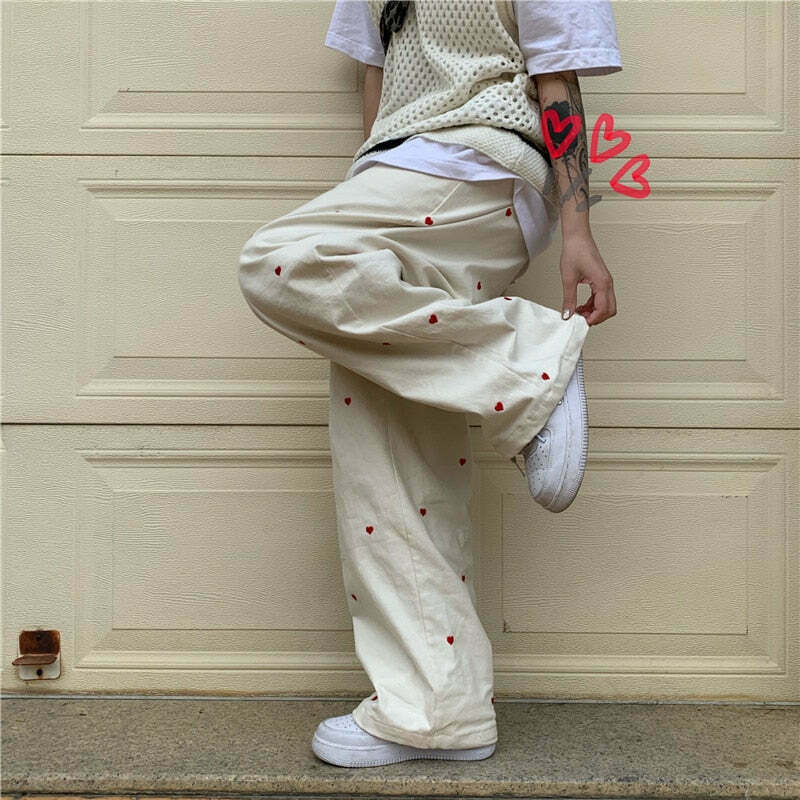 Indie Aesthetic Heart Pattern Wide Leg Pants - Y2K Fashion Grunge Style Cute Tops Cargo Indie Aesthetic Heart Pattern Wide Leg Pants - Y2K Fashion Grunge Style Cute Tops Cargo