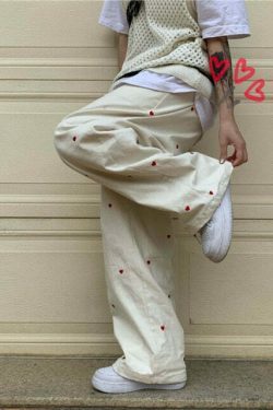Indie Aesthetic Heart Pattern Wide Leg Pants - Y2K Fashion Grunge Style Cute Tops Cargo